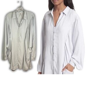 Free People Oversized Tunic Shirt Dress Purple Ice White Button Down Pockets M